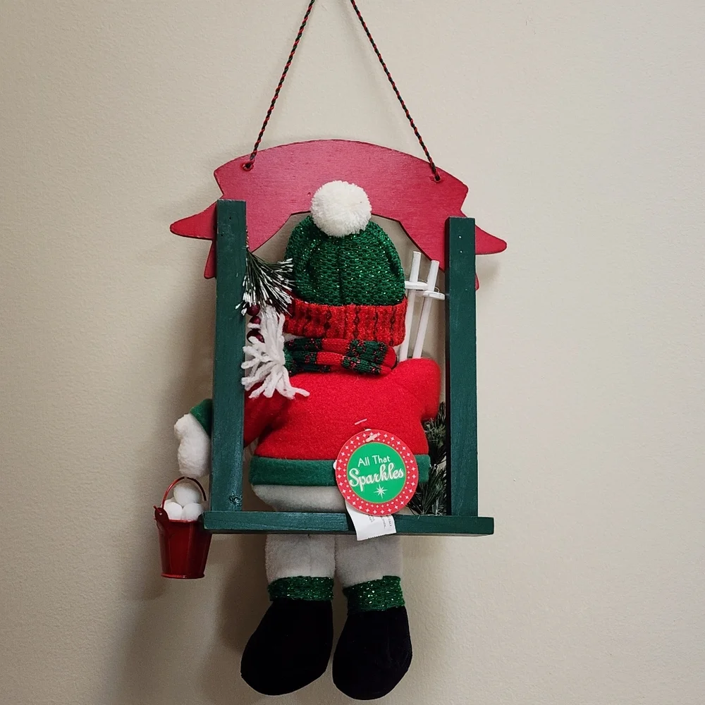 Red and Green Wood Wall Or Shelf Decor Plush Snowman With Pail Of Snowballs